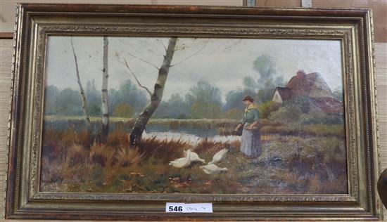 James Paulter (1825-1921), oil on canvas, Feeding the geese, signed, 29 x 51.5cm